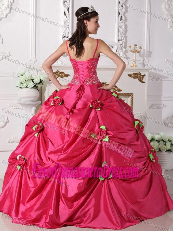 Hot Pink Ball Gown Taffeta Beaded Quinceanera Gowns with Spaghetti Straps