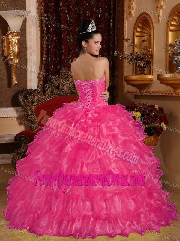 Strapless Floor-length Beaded Hot Pink Ball Gown Quinceanera Dress in Organza
