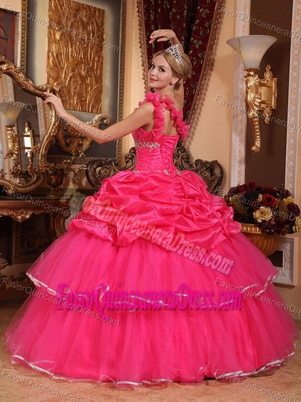 One Shoulder Organza Beaded Hot Pink Ball Gown Quinces Dresses with Pick-ups