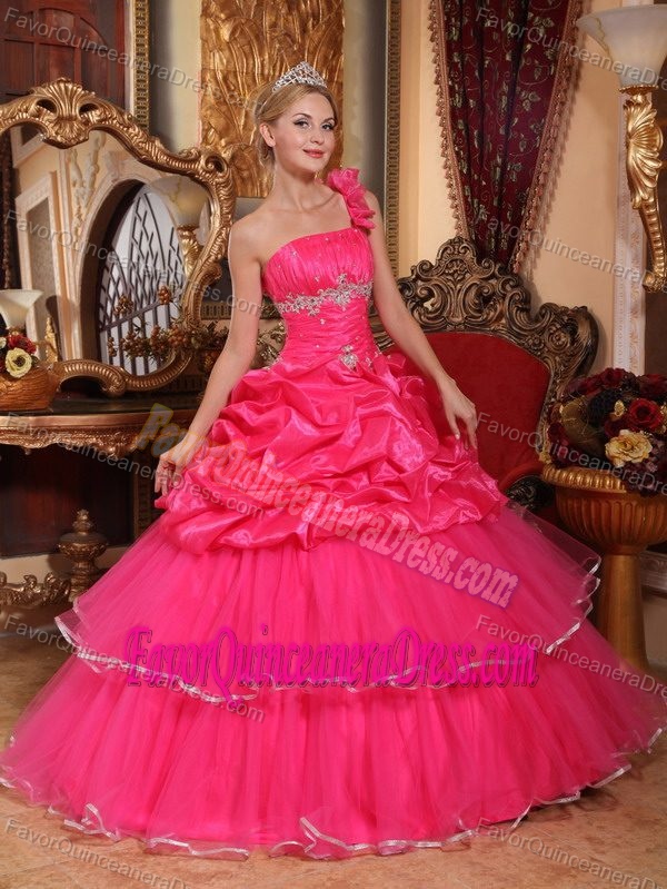 One Shoulder Organza Beaded Hot Pink Ball Gown Quinces Dresses with Pick-ups