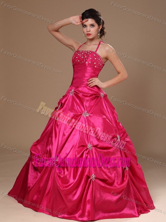 A-line Hot Pink Taffeta Pick-ups for 2013 Quinceanera Gown Dresses with Halter