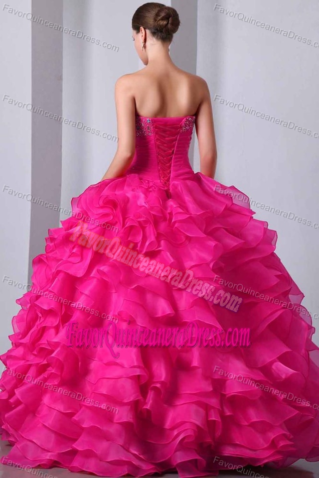 Coral Red Princess Sweetheart Organza Beaded Quinces Dresses with Ruffles
