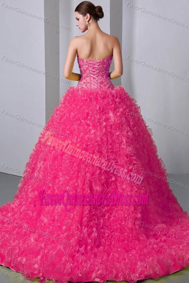 Beaded and Ruffled Hot Pink Organza Dress for Quinceanera with Brush Train
