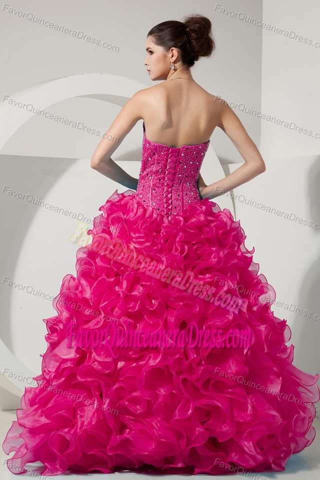 Princess Sweetheart Floor-length Organza Beaded Quinces Dresses in Hot Pink