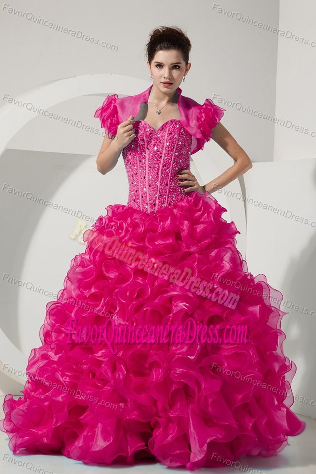 Princess Sweetheart Floor-length Organza Beaded Quinces Dresses in Hot Pink