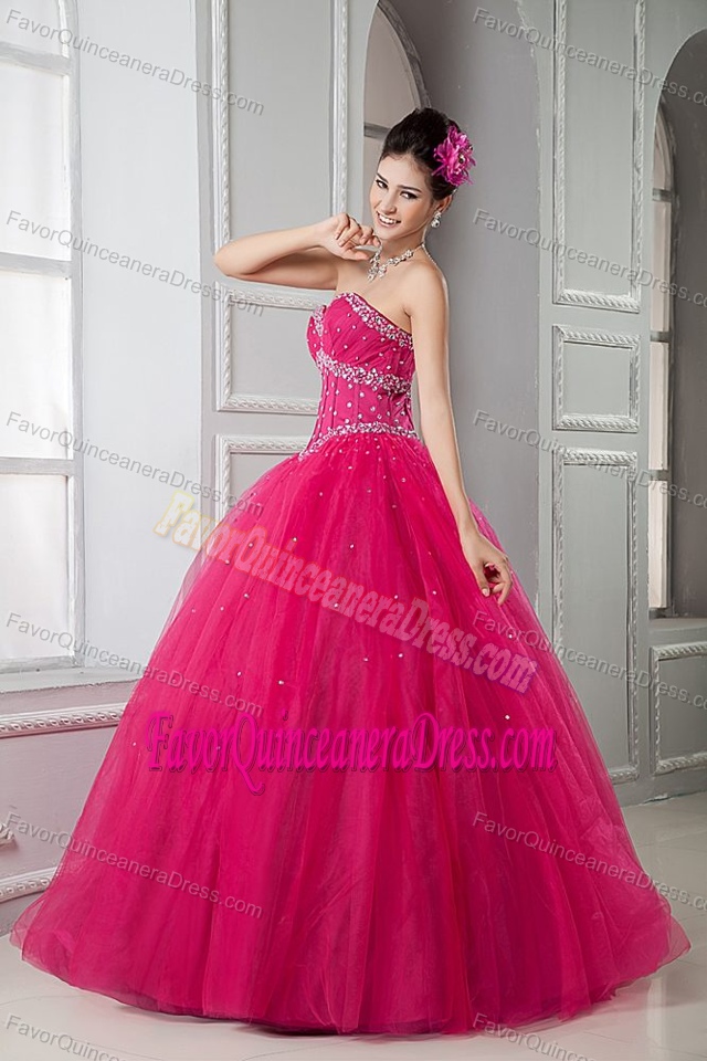 Ball Gown Sweetheart Floor-length Beaded Hot Pink Quinceanera Gowns in Tulle