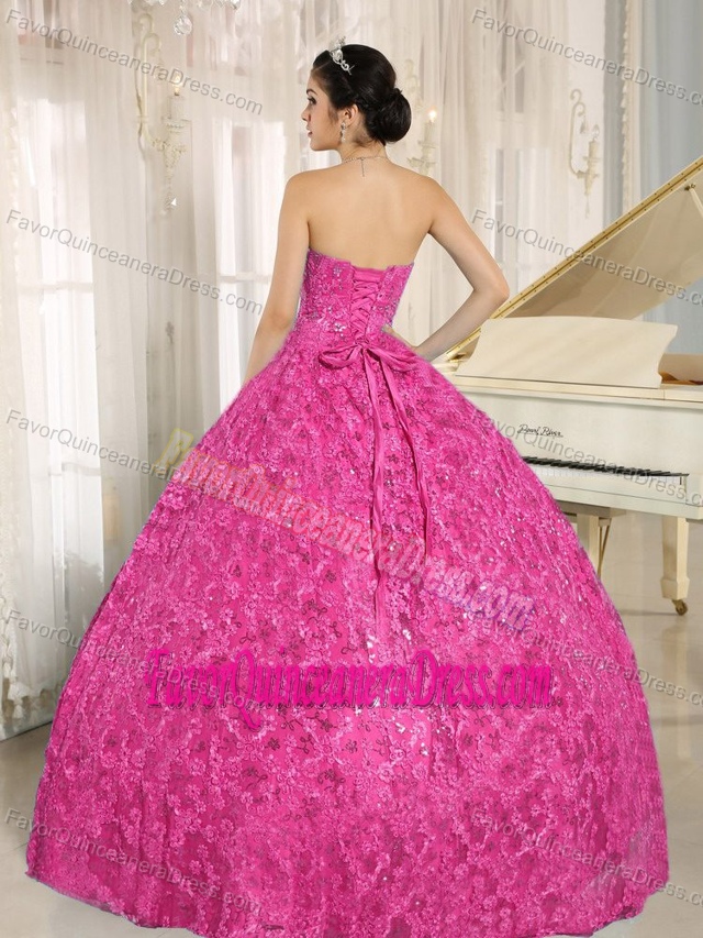 Embroidery and Sequins On Tulle Sweetheart Quince Dresses in Hot Pink