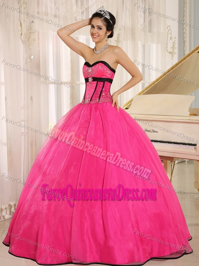 Hot Pink Sweetheart and Beaded Quinceanera Gown Dresses in Organza