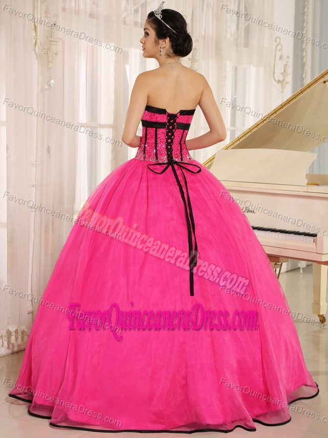 Hot Pink Sweetheart and Beaded Quinceanera Gown Dresses in Organza