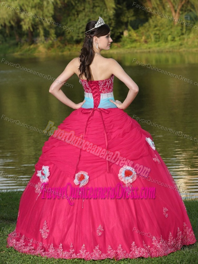 Tulle Strapless Coral Red Beaded Dress for Quinceanera with Rolling Flower