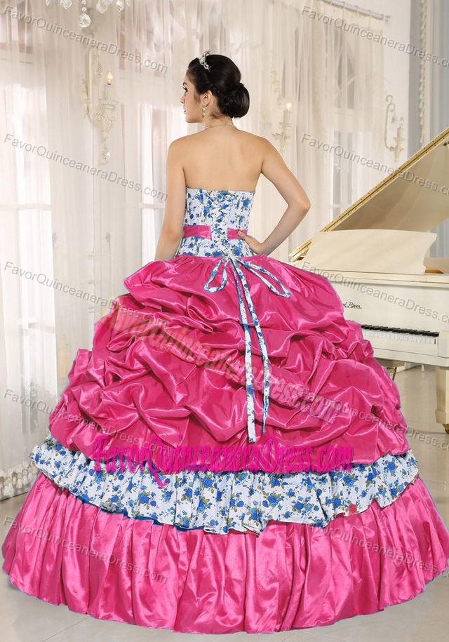 Beaded and Printed Coral Red Taffeta Dress for Quinceanera with Pick-ups