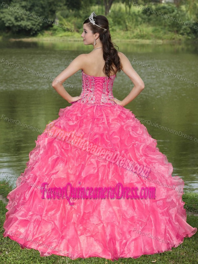 Hot Pink with Sweetheart Beaded Ruffles Layered Quince Dresses in Organza