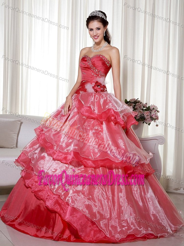Taffeta and Organza Beaded Red Quinceanera Dress with Hand Made Flower