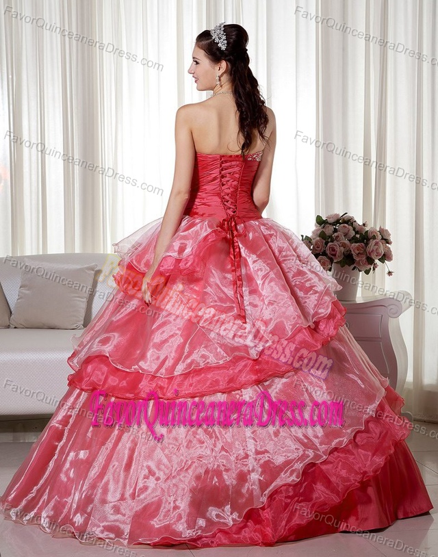 Taffeta and Organza Beaded Red Quinceanera Dress with Hand Made Flower