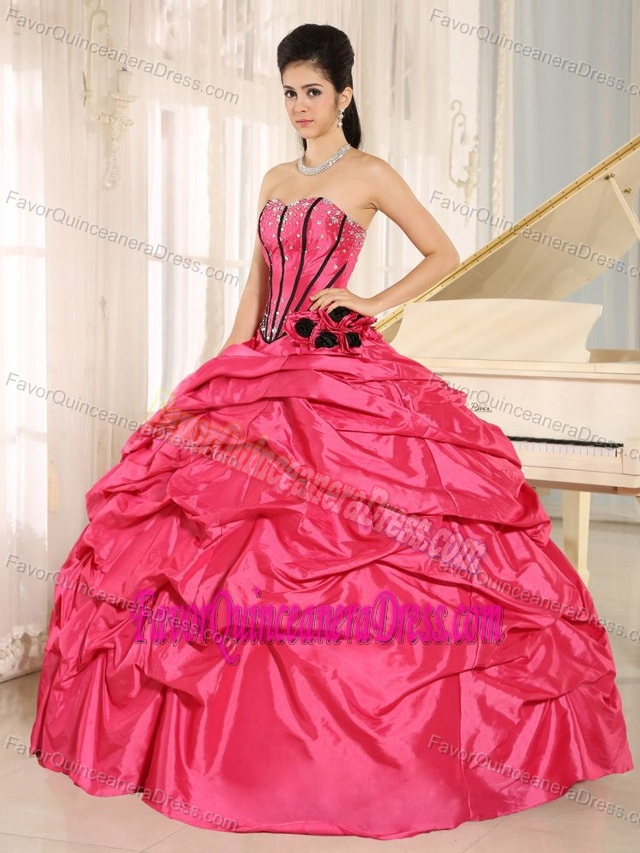 Hot Pink Beaded and Hand Made Flowers Quinceanera Gowns with Pick-ups