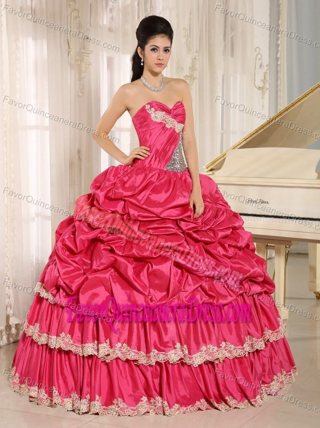 2013 Hot Pink and Beaded Quinceanera Dress with Pick-ups and Appliques