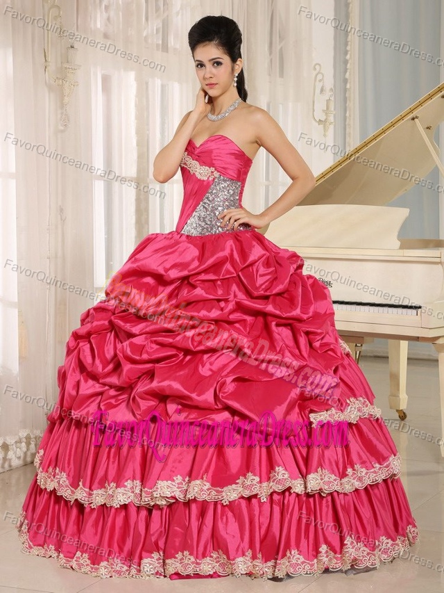 2013 Hot Pink and Beaded Quinceanera Dress with Pick-ups and Appliques