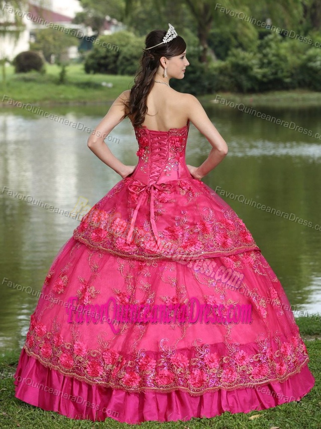 Beaded Taffeta Modest Style Quinceanera Dress with Hand Made Flowers