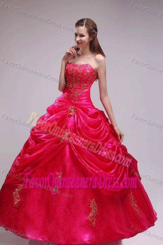 Strapless Floor-length Appliques Red Ball Gown Quince Dresses in Organza