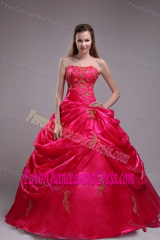 Strapless Floor-length Appliques Red Ball Gown Quince Dresses in Organza