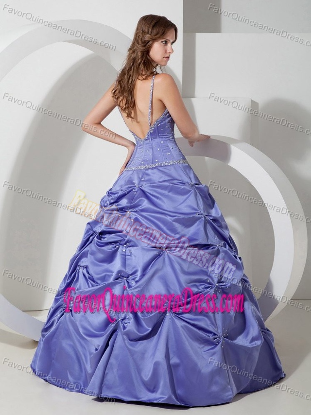 Lilac A-line Spaghetti Straps Dress for Quince in Taffeta with Pick-ups