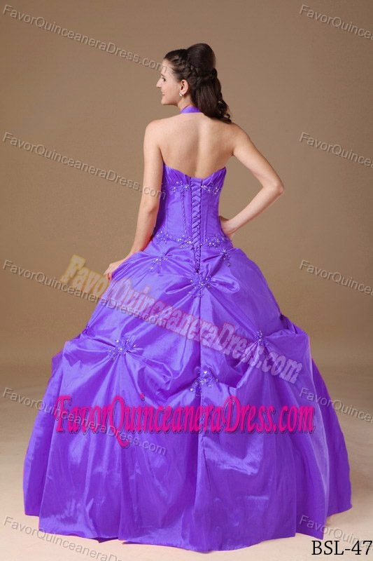 Purple Ball Gown Halter Taffeta Dress for Quinceaneras with Beading