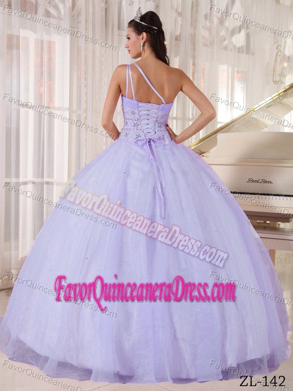 Ball Gown One Shoulder Tulle Quinceanera Gowns with Beads and Ruches