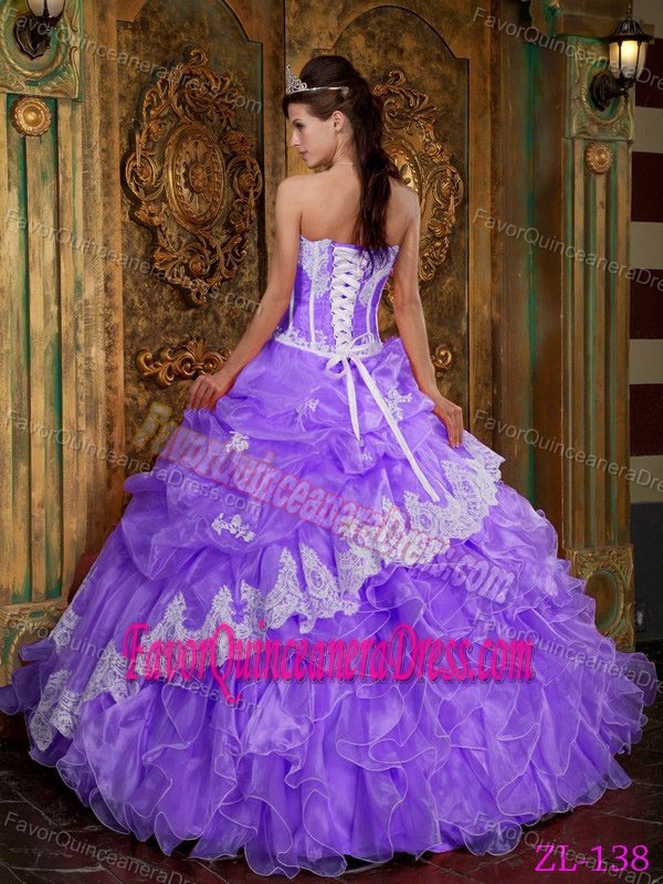 Purple Ball Gown Strapless Dress for Quinceanera with Ruffles in Organza