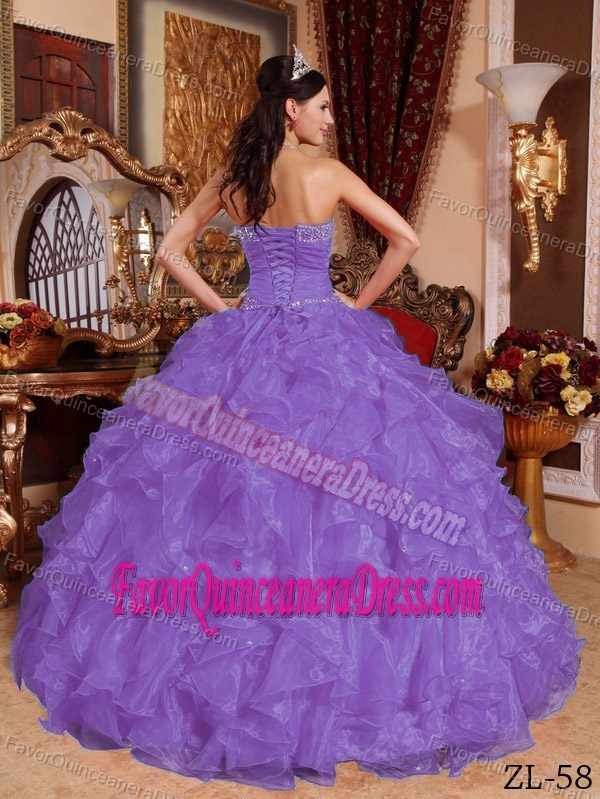 Sweetheart Organza Beaded Dresses for Quince with Ruffles in Purple