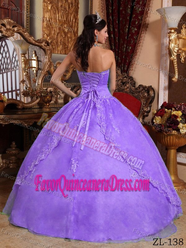 Ball Gown Strapless Purple Organza Dresses for Quince with Applique