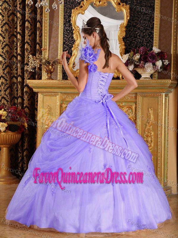 Appliqued Lilac Ball Gown One Shoulder Dress for Quince with Flower