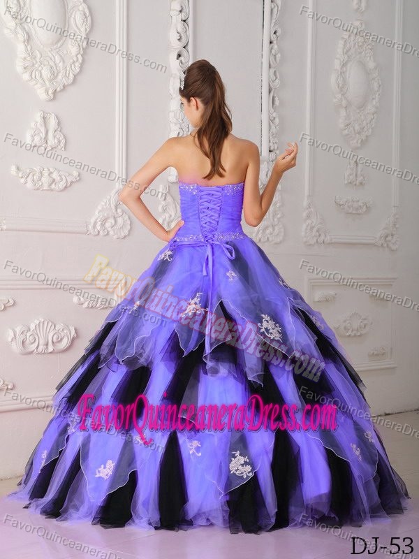 Princess Strapless Organza Appliqued Sweet 16 Dress in Purple and Black