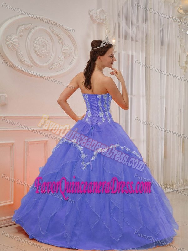 Organza Appliqued Sweetheart Dresses for Quince in Blue of Ball Gown