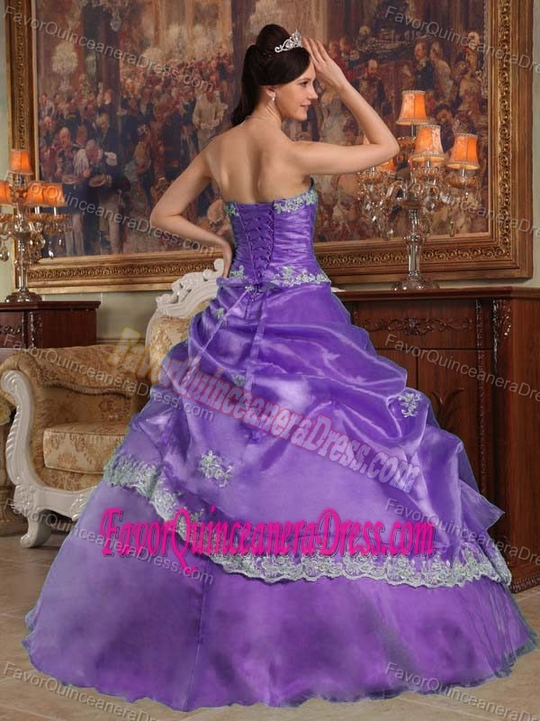 Appliqued Ball Gown Purple Dress for Quinceaneras with Flowers and Ruche
