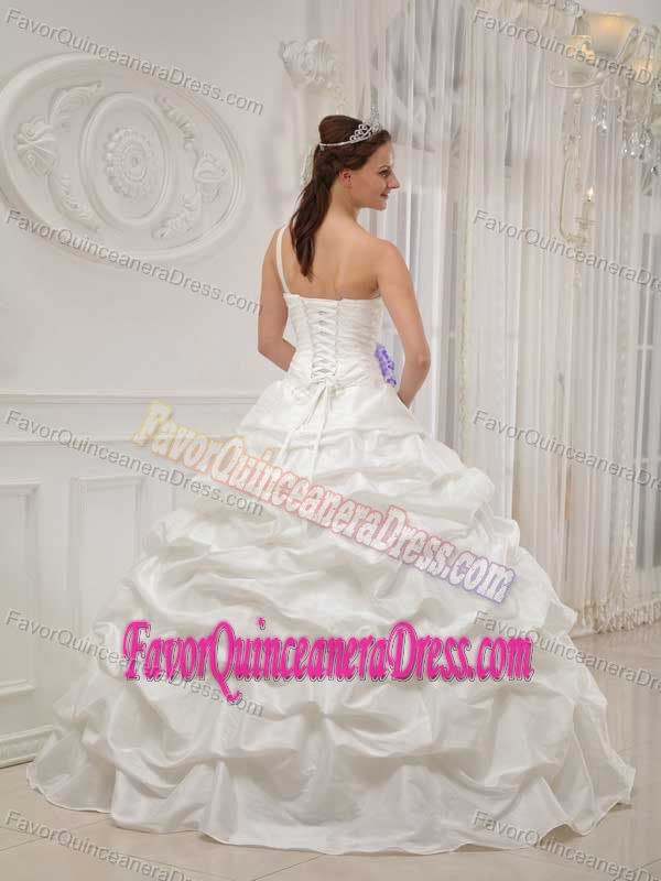 Taffeta Ball Gown One Shoulder White Quinceanera Gown with Purple Flower