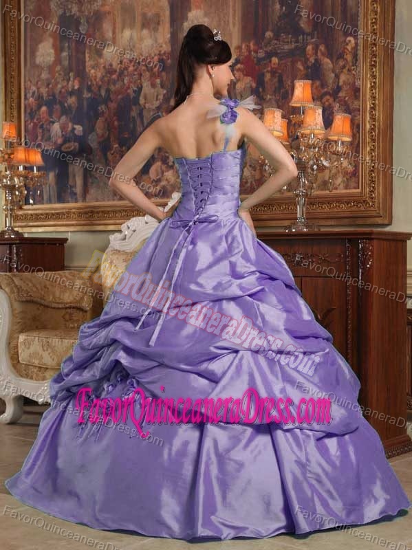 Purple Ball Gown One Shoulder Sweet 15 Dress with Pick-ups and Flowers