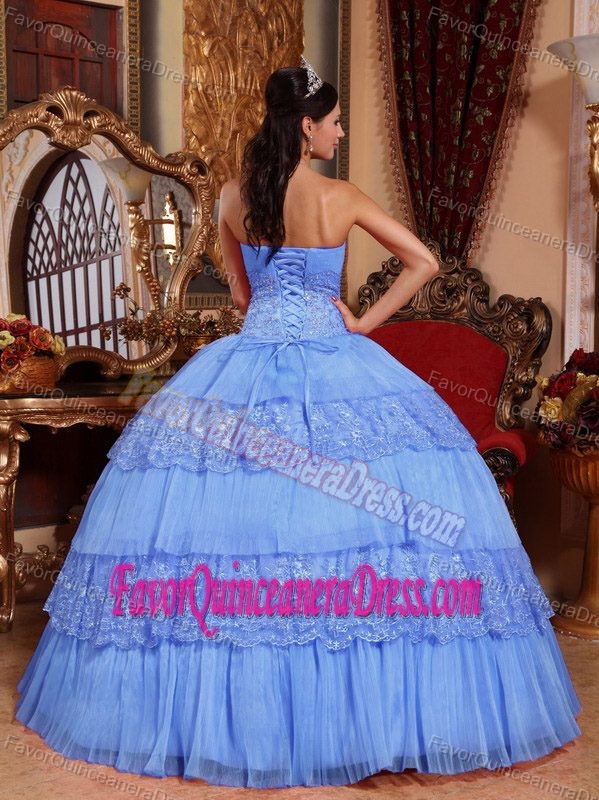 Strapless Ball Gown Blue Organza Quinceanera Dresses with Lace and Appliques