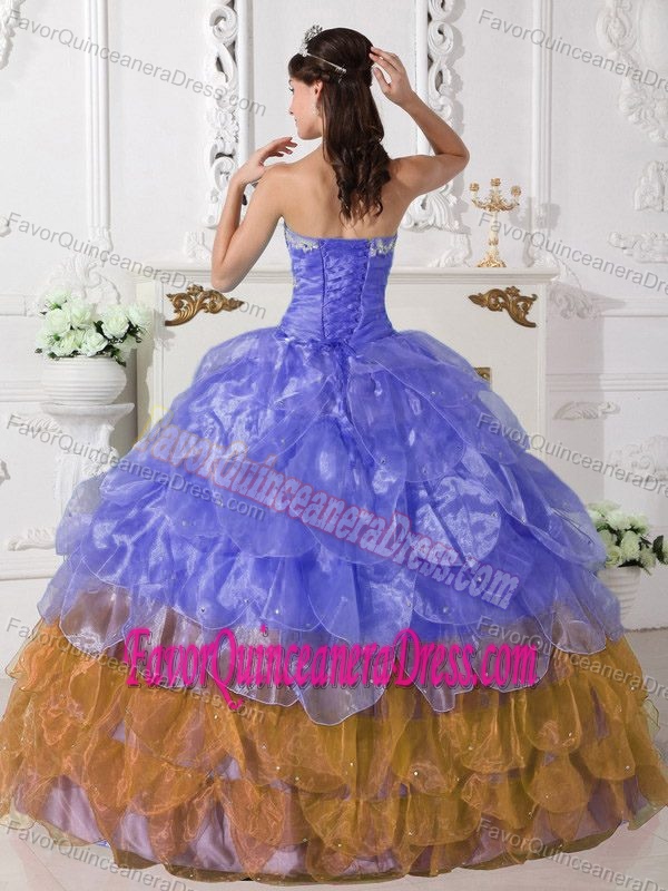 Strapless Ball Gown Layered Blue and Yellow Quinceanera Dress with Appliques
