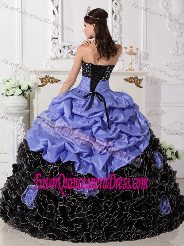 Lilac and Black Strapless Ball Gown Quinceanera Dress with Pick-ups and Ruffles