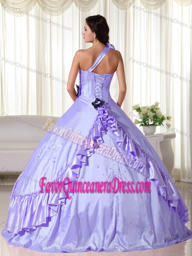 Nice One-shoulder Lavender Taffeta Quinceanera Dress with Beading and Flowers