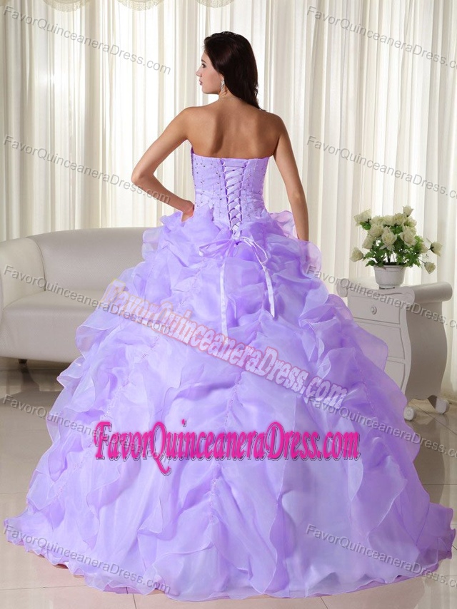 Lavender Strapless Ball Gown Beaded Organza Quinceanera Dresses with Flounce