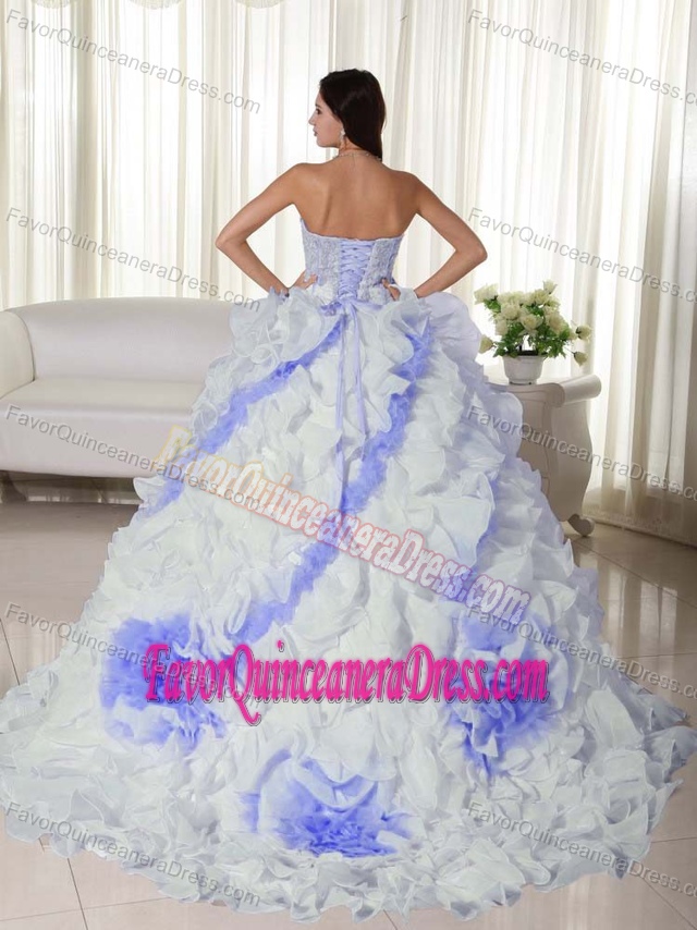 Appliqued Strapless Brush Train Organza Quinceanera Dress with Rolling Flowers
