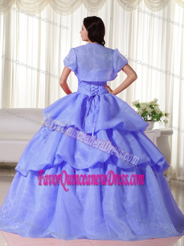 Appliqued Strapless Blue Organza Quinceanera Dresses with Pick-ups and Jacket