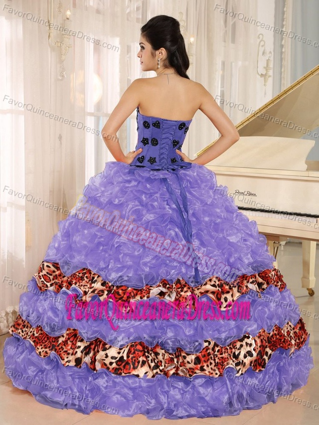 Sweetheart Lavender Ball Gown Ruffled Organza Quinceanera Dress with Leopard