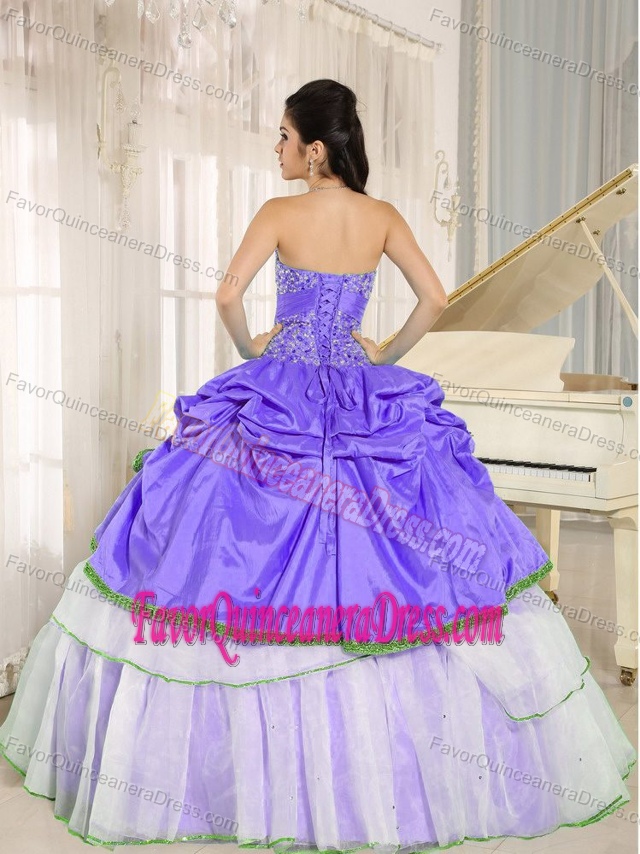 Beaded Sweetheart Ball Gown Purple and White Quinceanera Dress with Pick-ups