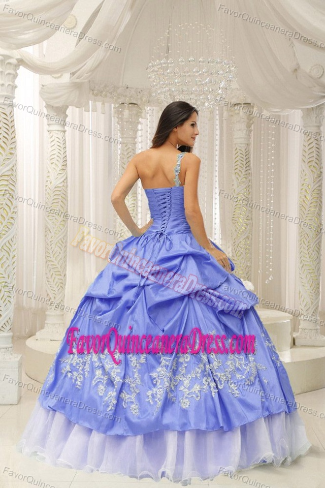One-shoulder Ball Gown Lilac Taffeta Appliqued Quinceanera Dress with Pick-ups