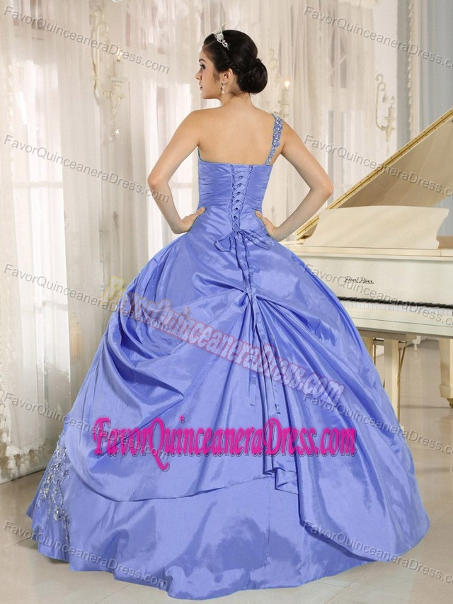 Beaded One-shoulder Floor-length Lilac Taffeta Quinceanera Dress with Appliques