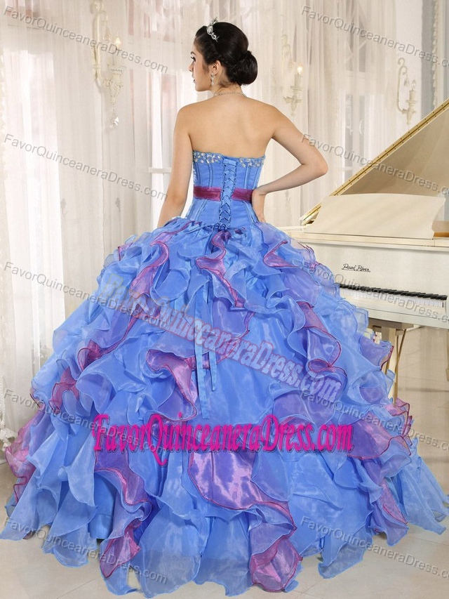 Blue and Purple Beaded Sweetheart Organza Quinceanera Dresses with Ruffles