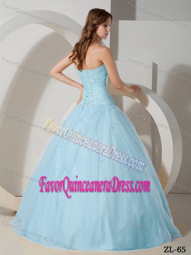 Wholesale Strapless Light Blue Tulle Dresses for Quinceaneras with Beading