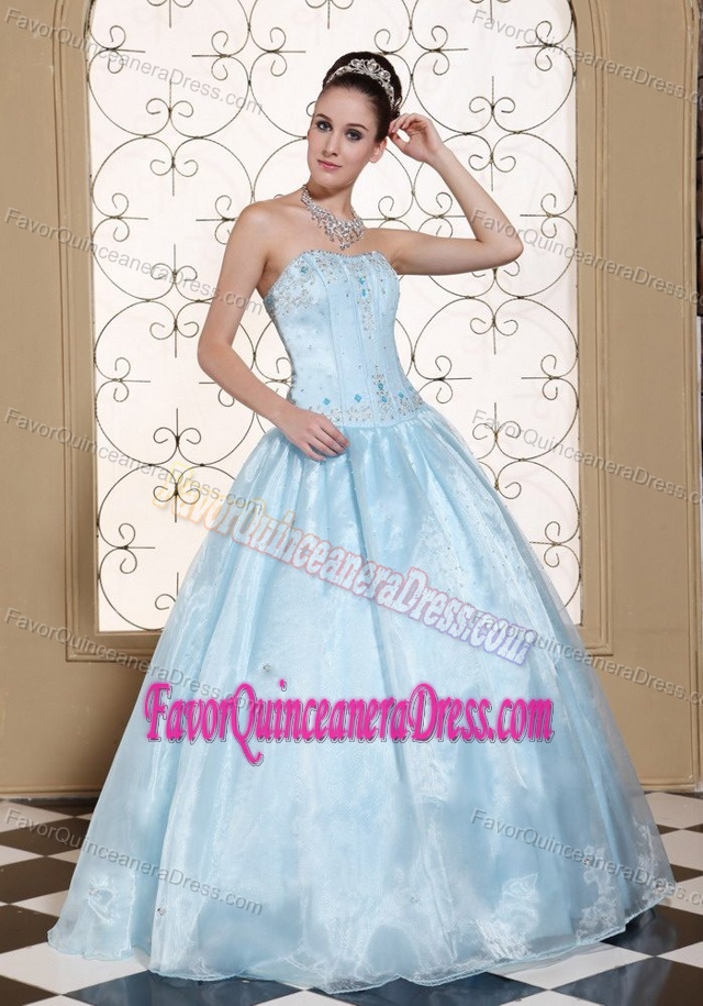 Perfect Beaded Strapless Light Blue Quinces Dresses in Taffeta and Organza